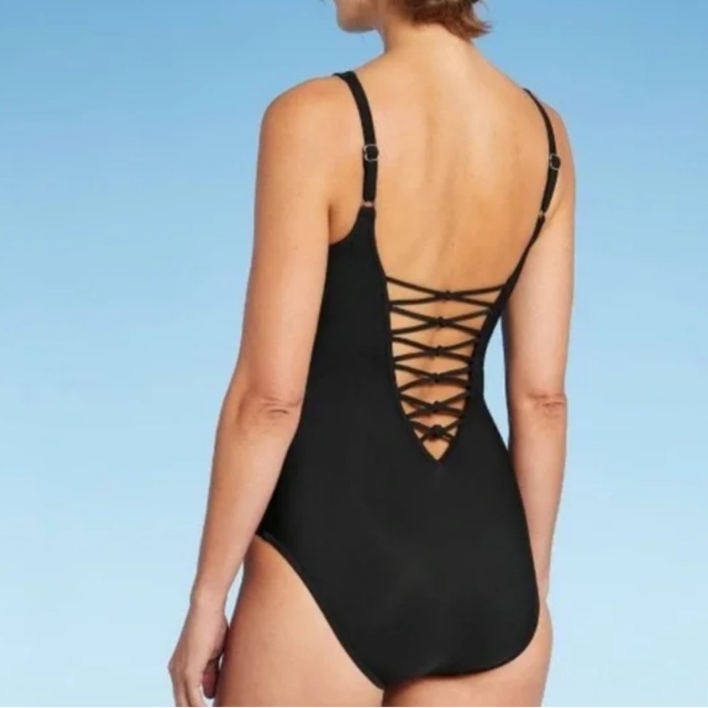 AQUA GREEN Lace Up One Piece Swimsuit in Black - Picture 6 of 13